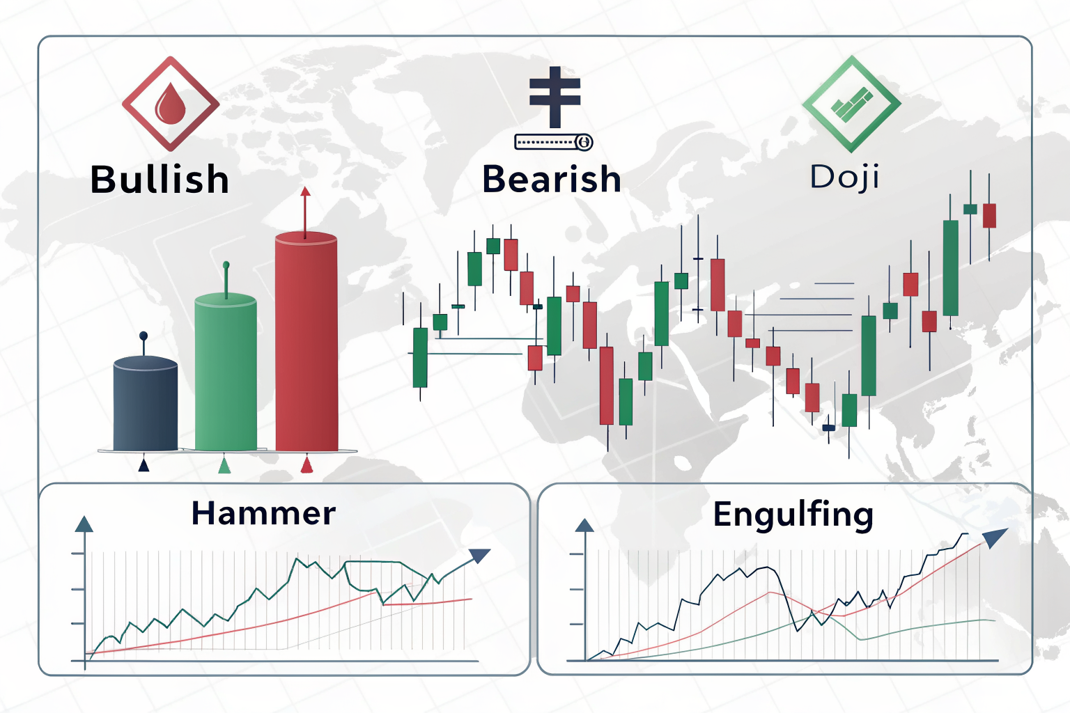 캔들 차트 패턴 종류와 양봉 음봉 구조를 보여주는 디지털 일러스트