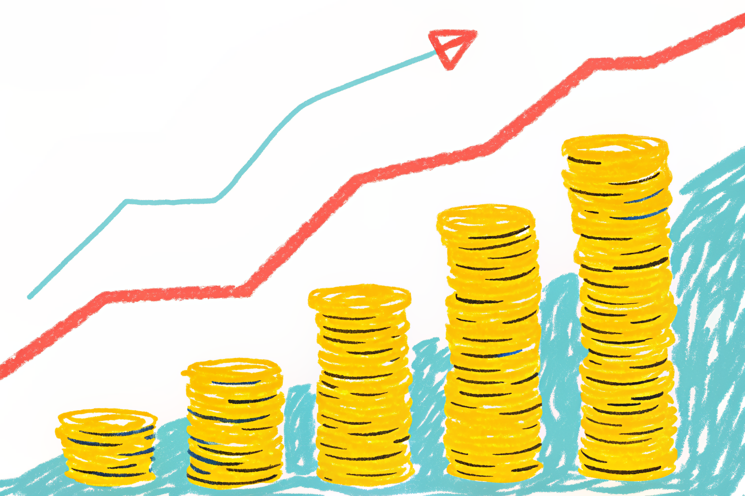 복리 효과로 적립식 투자 자산이 10년 20년 30년에 걸쳐 기하급수적으로 성장하는 모습