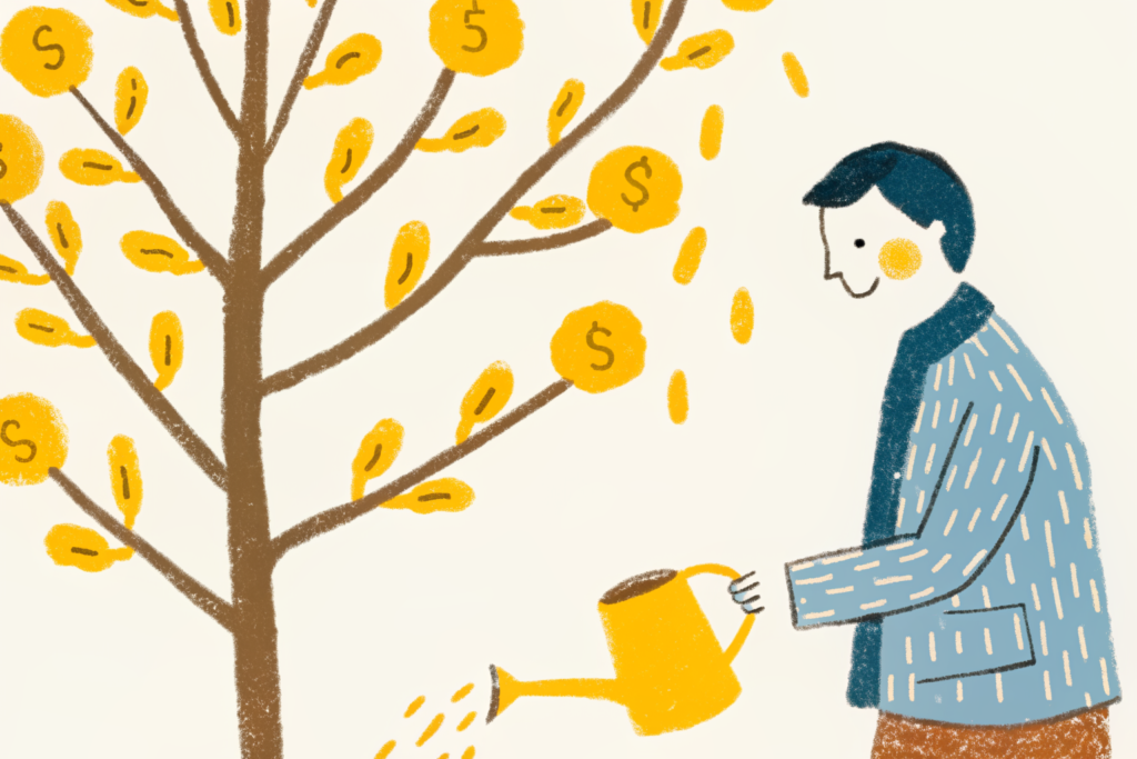 적립식 투자로 매달 소액을 투자해 머니트리를 키우는 투자자 일러스트