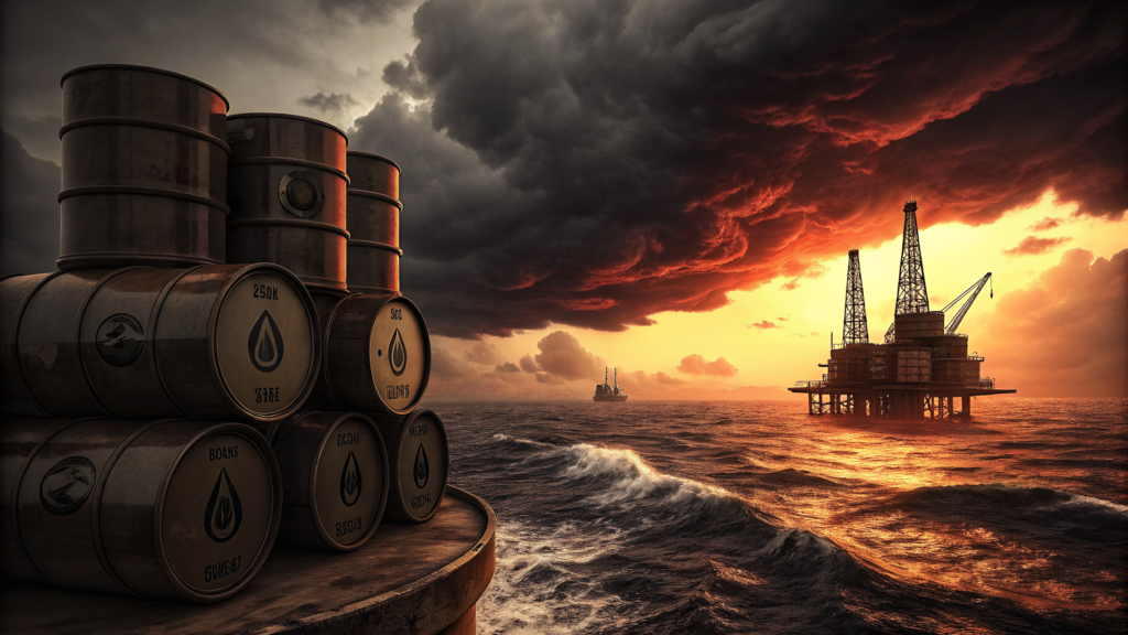 유가 급등으로 인한 에너지 시장 변화를 상징하는 석유 시추 시설과 노을 일러스트