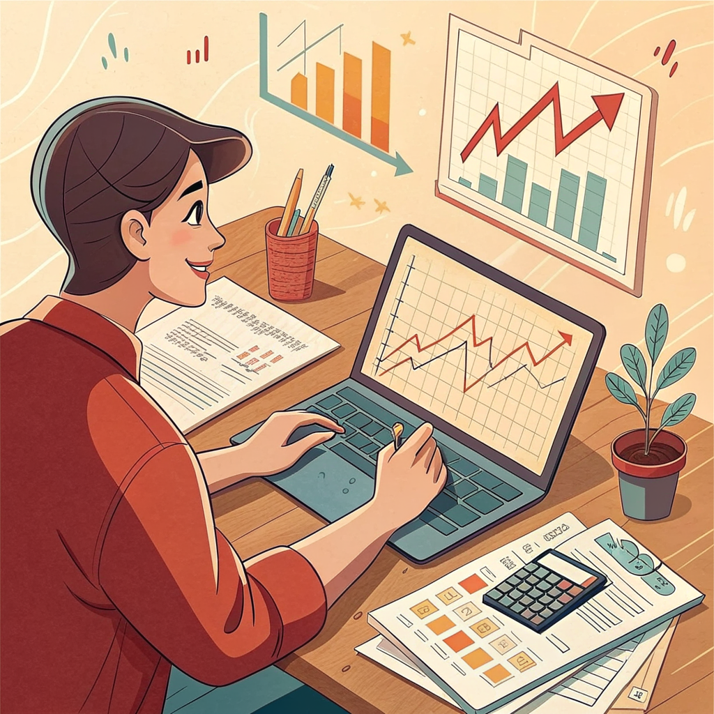 주식 투자 분석을 하는 초보 투자자 일러스트