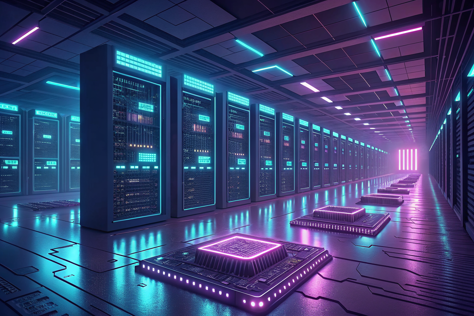AI 데이터센터와 반도체 서버 랙 이미지