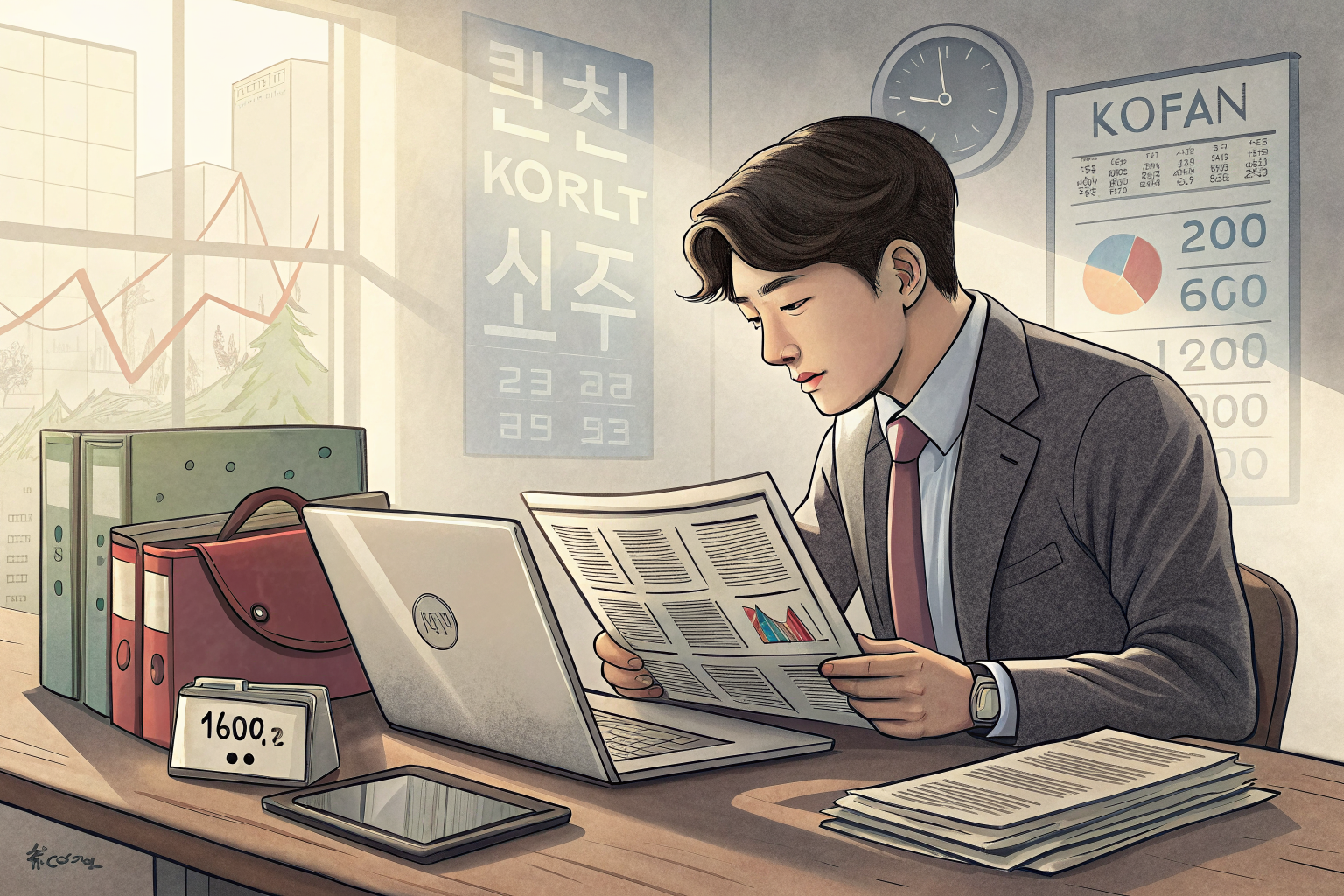 투자자가 장 시작 전 지표를 차분히 점검하는 일러스트
