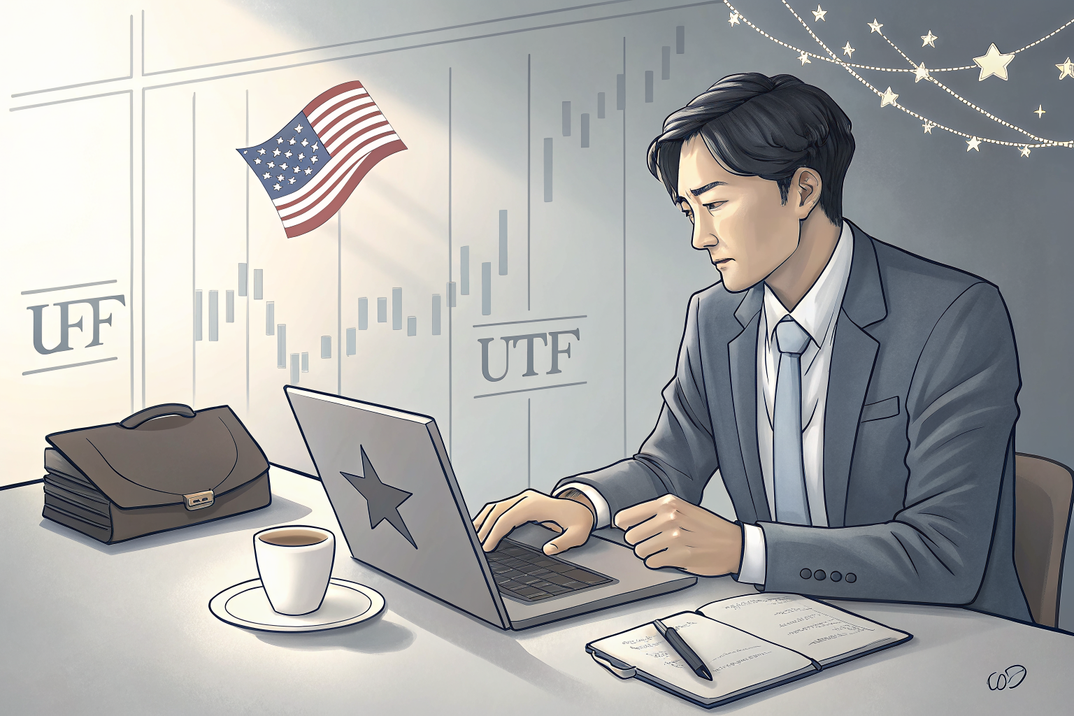 투자자가 휴장 다음 날 미국 ETF 지표를 차분히 점검하는 일러스트